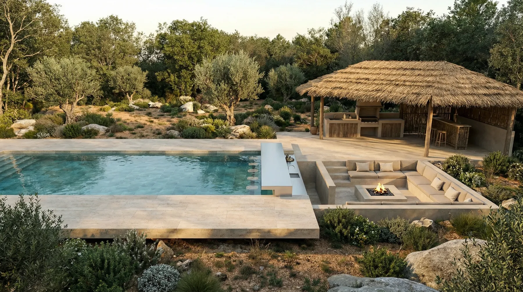 The pool house and fire lounge